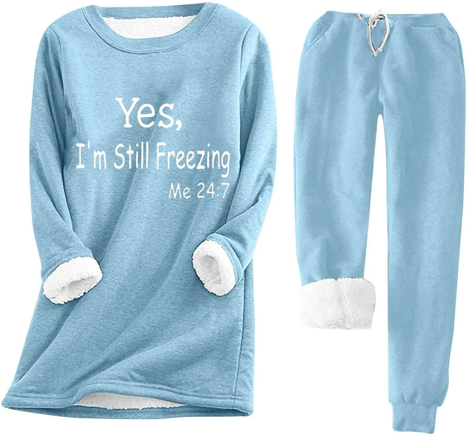 2 PCS Outfits Womens Fleece Sherpa Lined Sweatsuits Funny Long Sleeve Tops and Sweat Pants Winter Warm Tracksuit Set