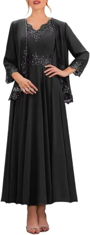 2 Piece Mother of The Bride Dresses with Jacket 3/4 Sleeves Lace Chiffon Formal Evening Gown for Wedding