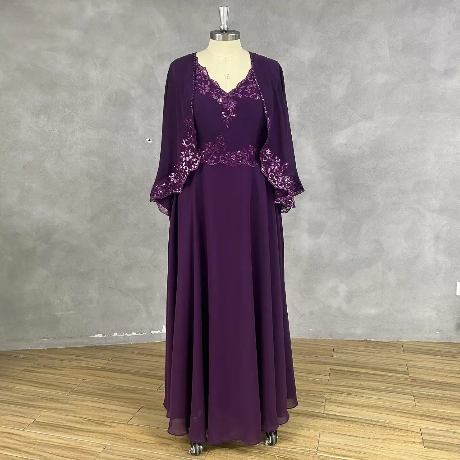2 Piece Mother of The Bride Dresses with Jacket 3/4 Sleeves Lace Chiffon Formal Evening Gown for Wedding