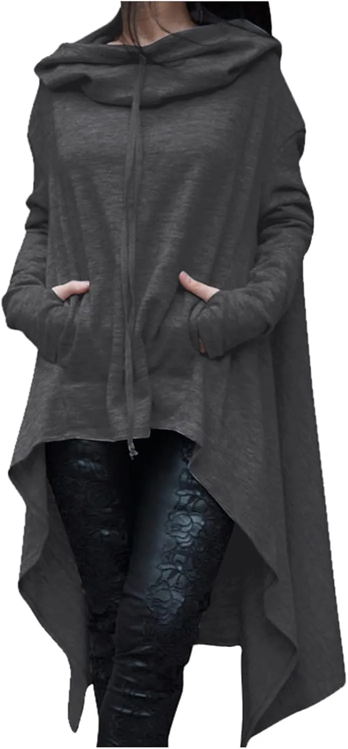 2021 Womens Long Sleeve Cloak Hoodies Turtleneck Oversized High Low Sweater Vintage Gothic Sweatshirts Pullover Casual Winter Coat Gray