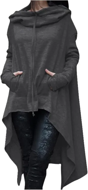 2021 Womens Long Sleeve Cloak Hoodies Turtleneck Oversized High Low Sweater Vintage Gothic Sweatshirts Pullover Casual Winter Coat Gray
