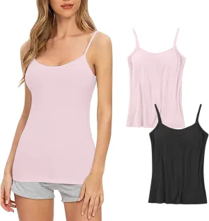 2Pack Tank Tops with Built in Bras for Women's Plus Size Spaghetti Strap Basic Layer Camis Bra Camisoles Underwear