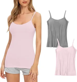 2Pack Tank Tops with Built in Bras for Women's Plus Size Spaghetti Strap Basic Layer Camis Bra Camisoles Underwear