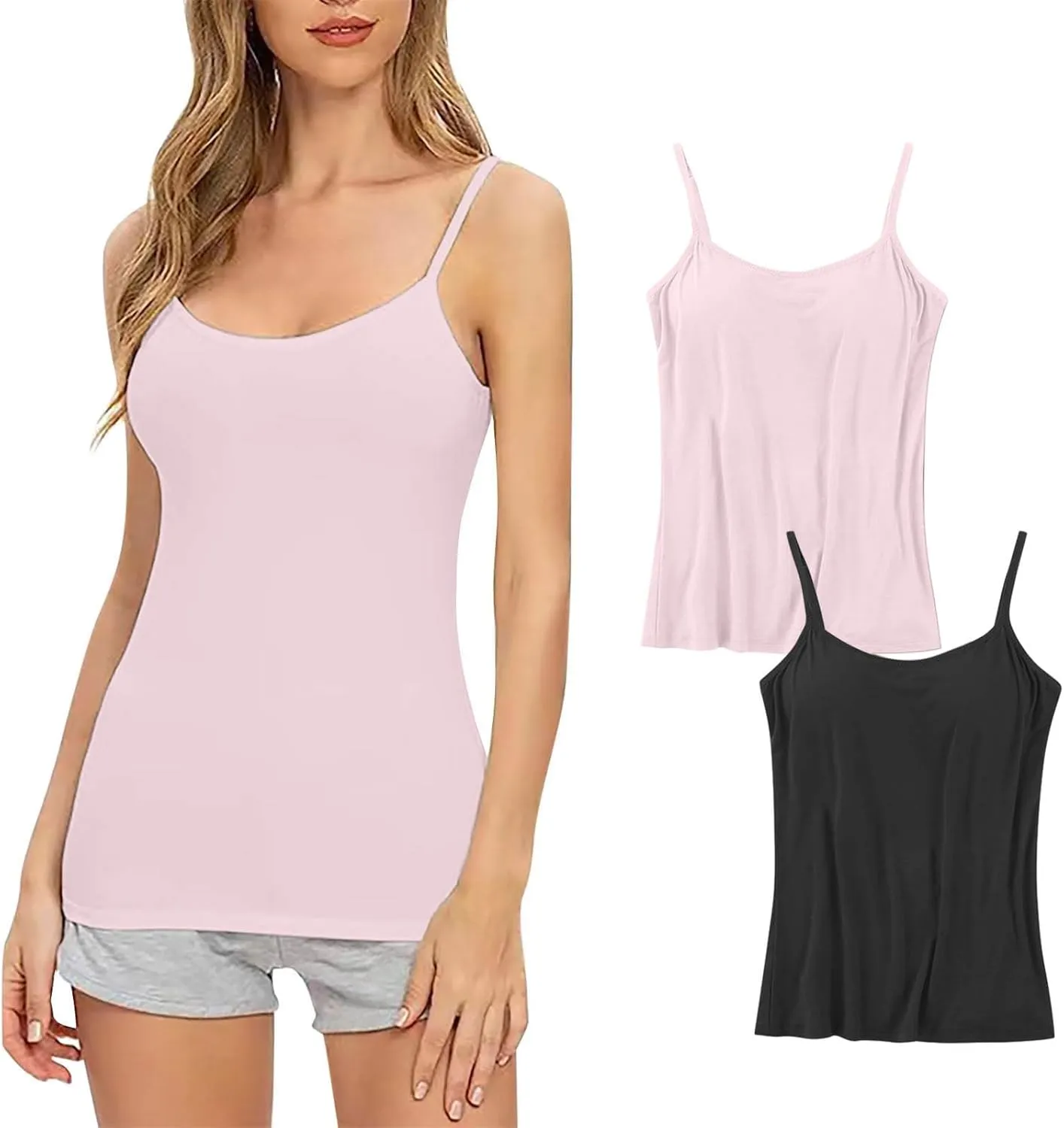 2Pack Tank Tops with Built in Bras for Women's Plus Size Spaghetti Strap Basic Layer Camis Bra Camisoles Underwear