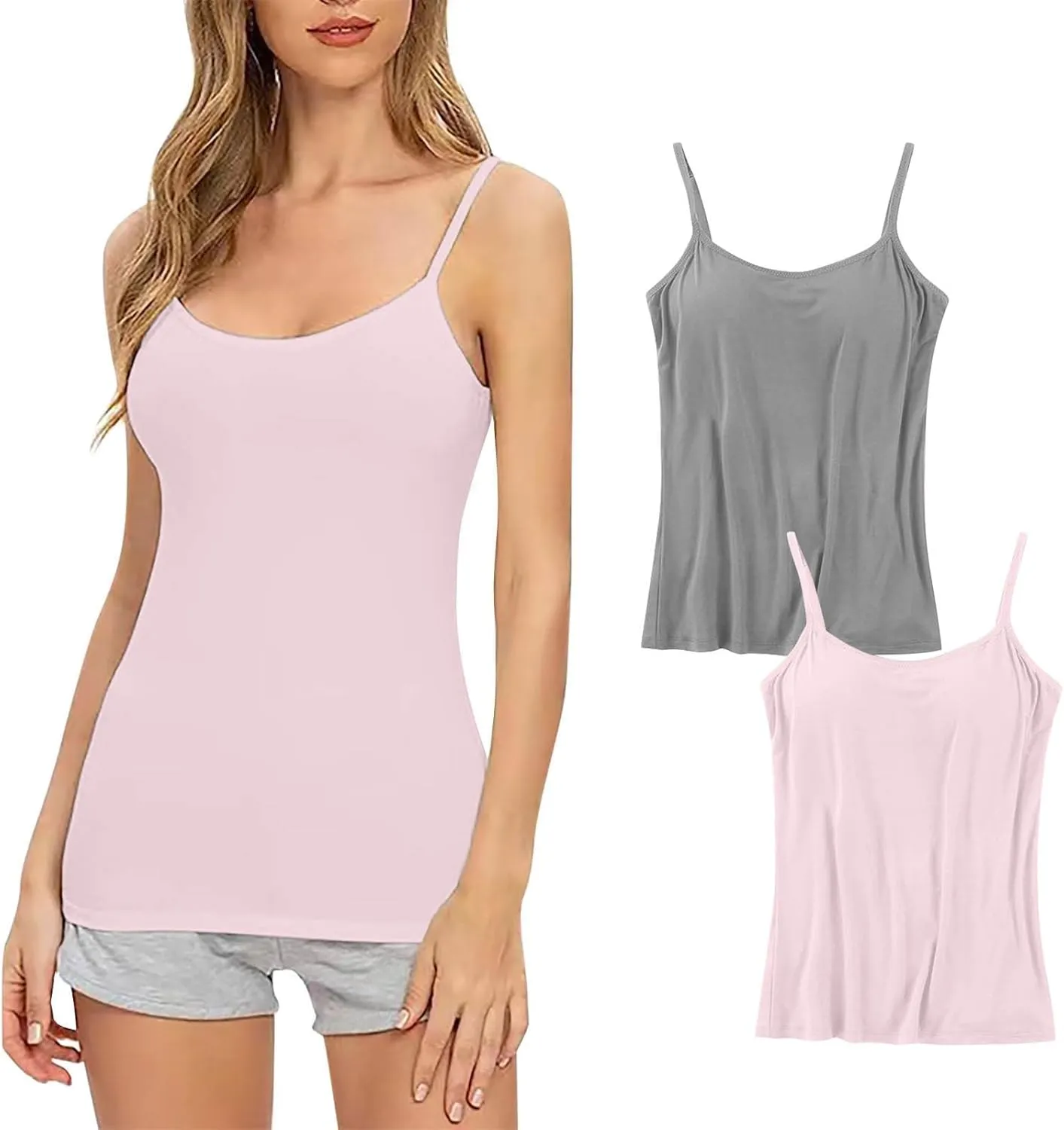2Pack Tank Tops with Built in Bras for Women's Plus Size Spaghetti Strap Basic Layer Camis Bra Camisoles Underwear