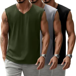 3 Pack Mens V Neck Tank Tops 95% Cotton Sleeveless Big and Tall Muscle Cut Off Shirts Gym Workout Tee
