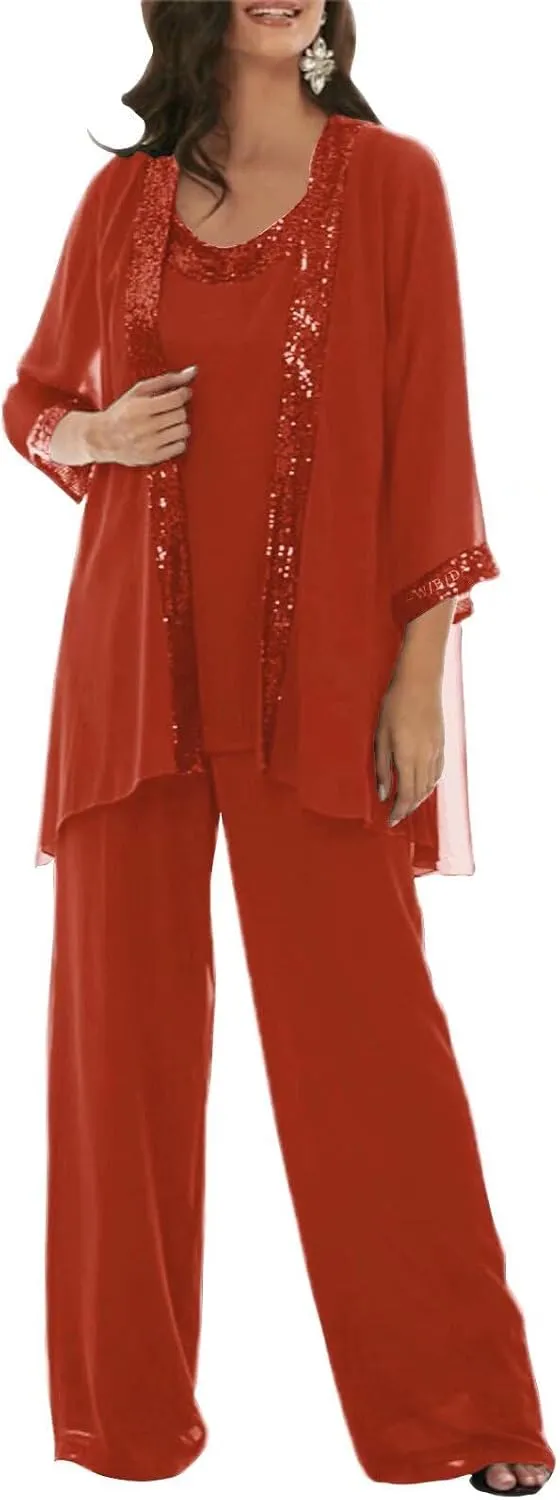 3 Pieces Dressy Pant Suits for Women with Long Sleeve Chiffon Outfits Formal Dress and Evening Gown with Jacket