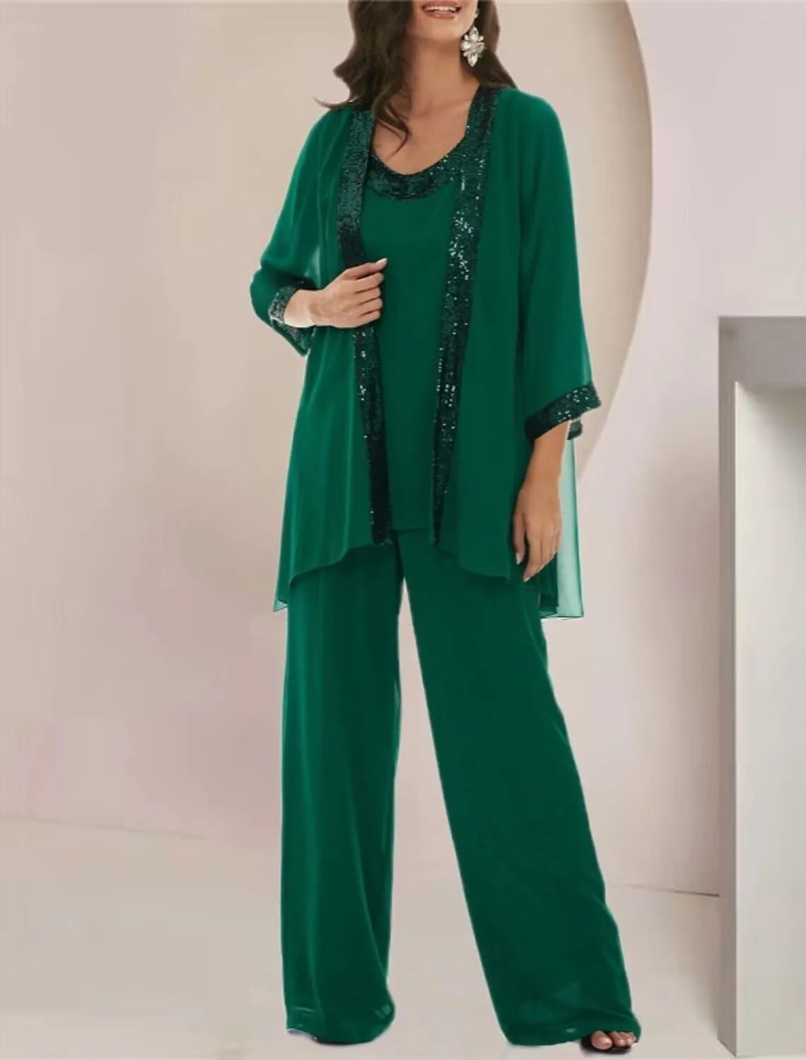 3 Pieces Dressy Pant Suits for Women with Long Sleeve Chiffon Outfits Formal Dress and Evening Gown with Jacket
