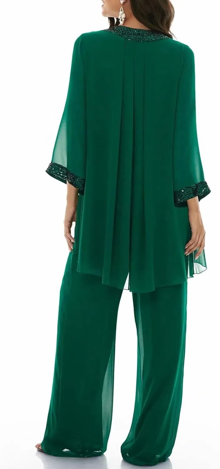 3 Pieces Dressy Pant Suits for Women with Long Sleeve Chiffon Outfits Formal Dress and Evening Gown with Jacket