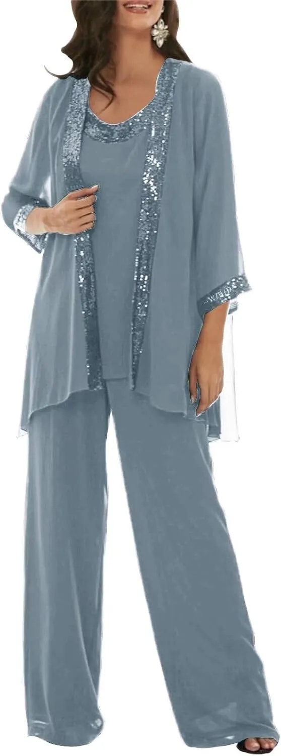 3 Pieces Dressy Pant Suits for Women with Long Sleeve Chiffon Outfits Formal Dress and Evening Gown with Jacket