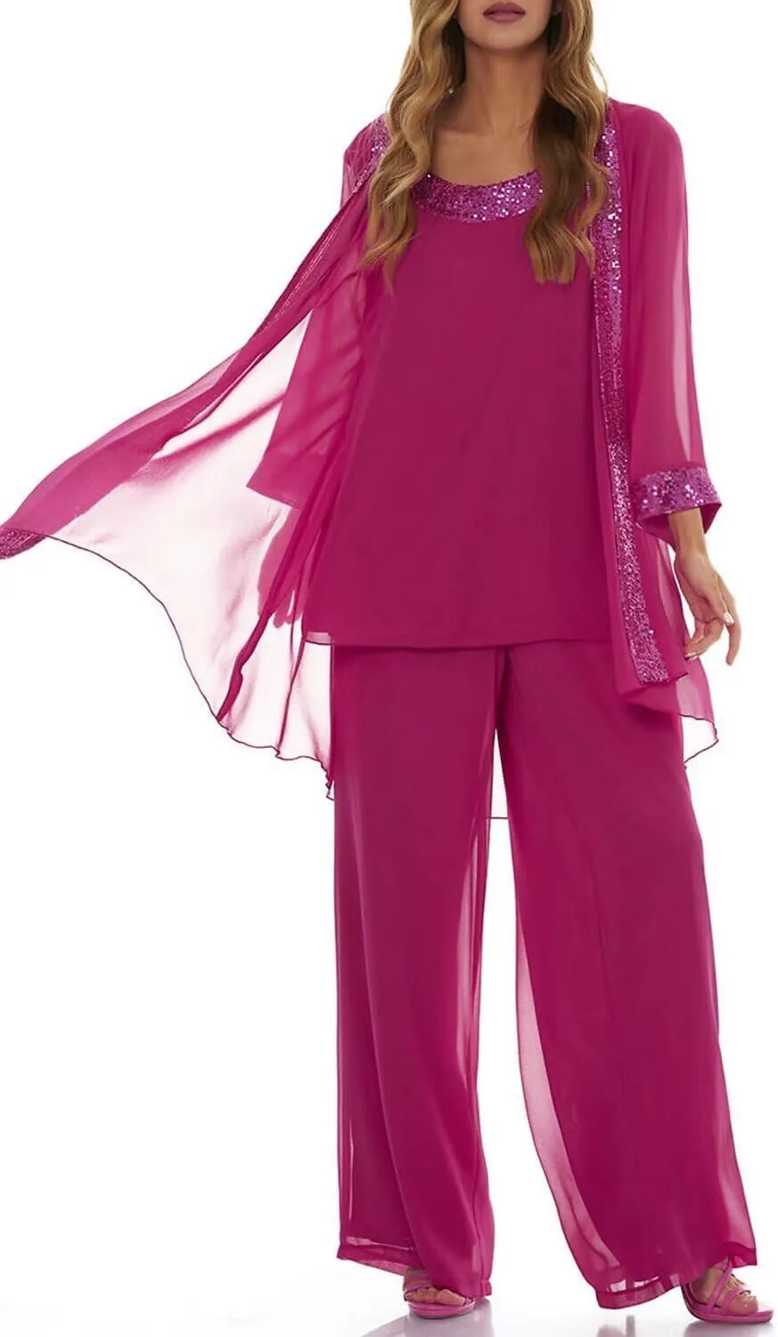 3 Pieces Dressy Pant Suits for Women with Long Sleeve Chiffon Outfits Formal Dress and Evening Gown with Jacket