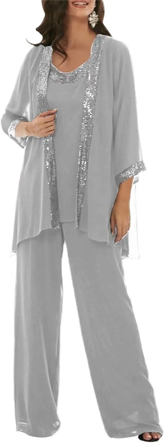 3 Pieces Dressy Pant Suits for Women with Long Sleeve Chiffon Outfits Formal Dress and Evening Gown with Jacket