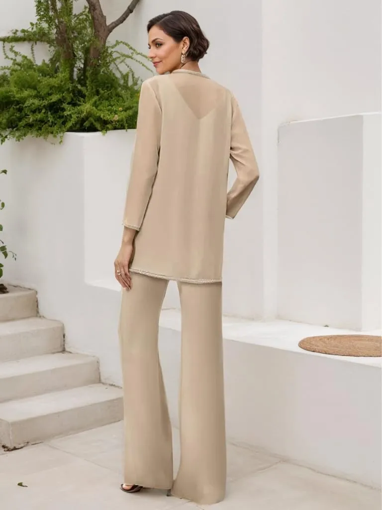 3 Pieces Mother of The Bride Pant Suits for Women Chiffon Wedding Guest Formal Dress Sparkly Long Outfits