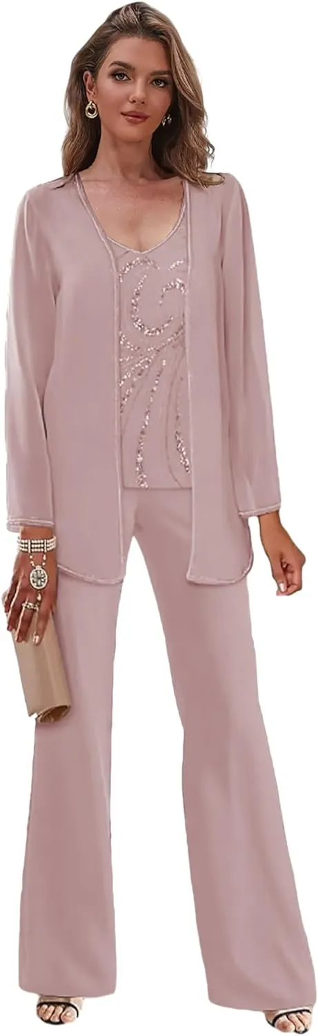 3 Pieces Mother of The Bride Pant Suits for Women Chiffon Wedding Guest Formal Dress Sparkly Long Outfits