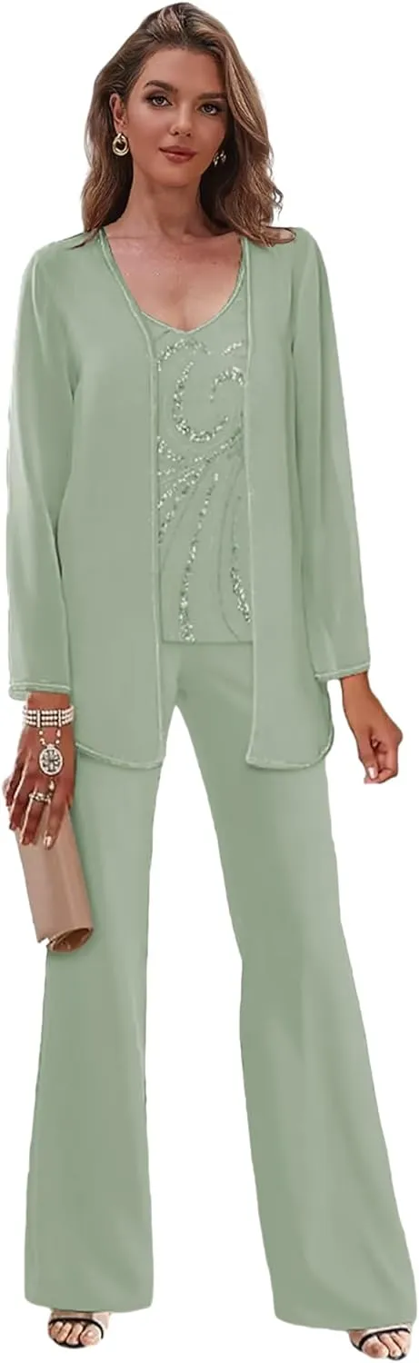 3 Pieces Mother of The Bride Pant Suits for Women Chiffon Wedding Guest Formal Dress Sparkly Long Outfits