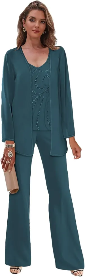 3 Pieces Mother of The Bride Pant Suits for Women Chiffon Wedding Guest Formal Dress Sparkly Long Outfits