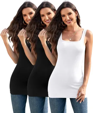 3Packs Cotton Ribbed Square Neck Long Tank Top for Women Yoga Top Layering Undershirts Camisole