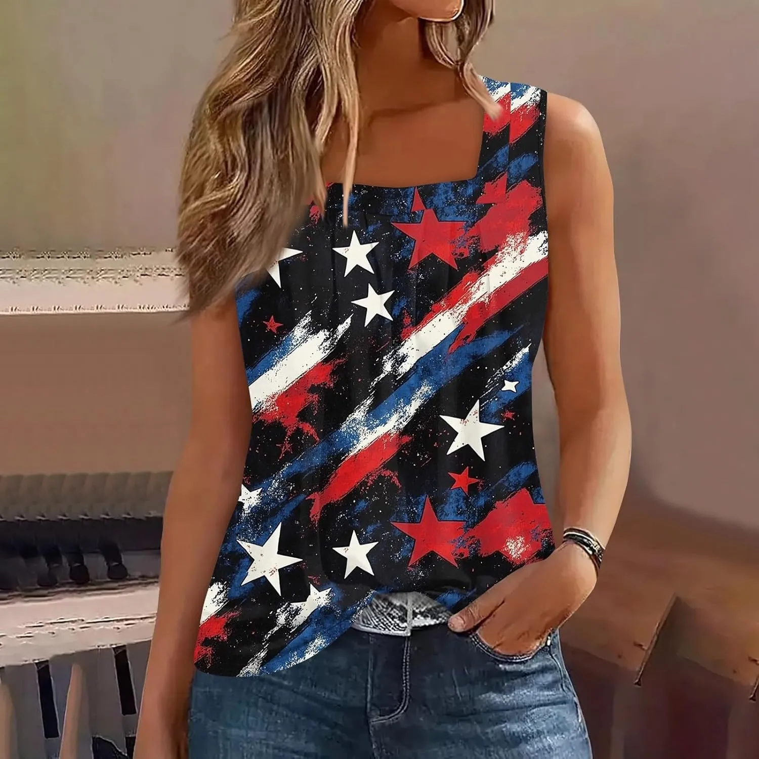 4Th of July Tank Tops for Women Ruffled Square Neck Loose Fit American Flag Tank Top Sleeveless Festival Outfits