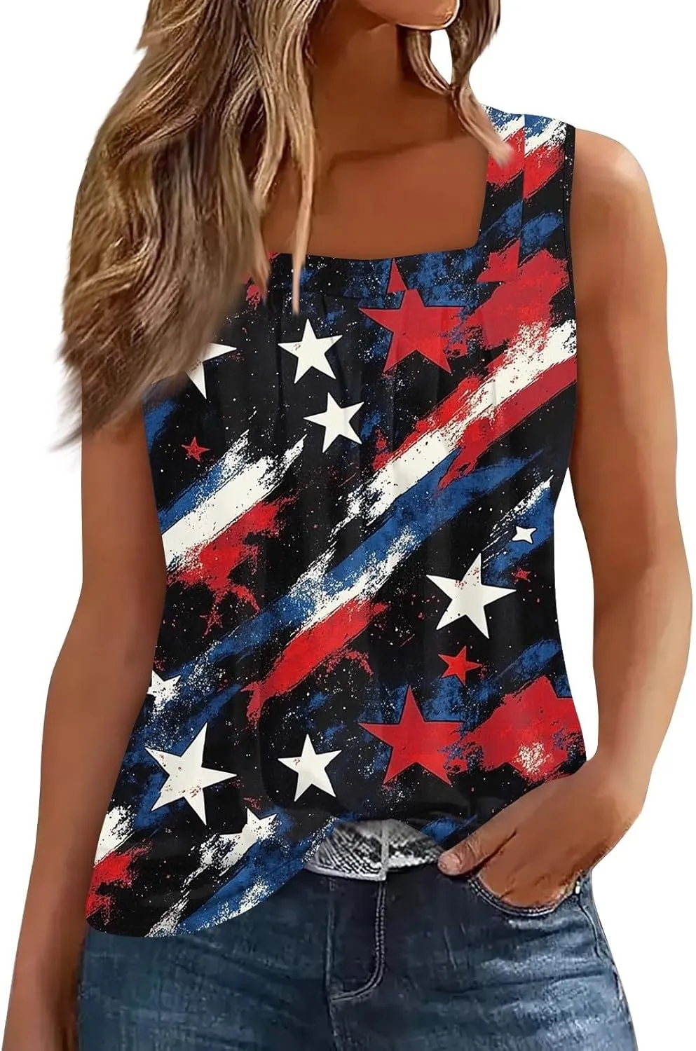 4Th of July Tank Tops for Women Ruffled Square Neck Loose Fit American Flag Tank Top Sleeveless Festival Outfits