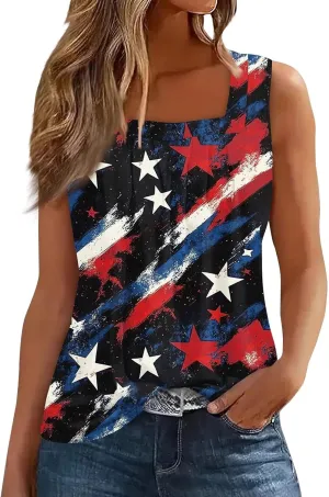 4Th of July Tank Tops for Women Ruffled Square Neck Loose Fit American Flag Tank Top Sleeveless Festival Outfits
