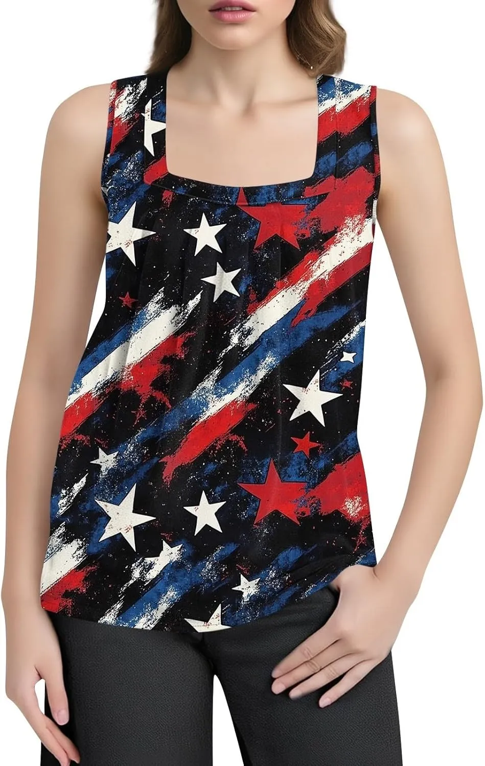 4Th of July Tank Tops for Women Ruffled Square Neck Loose Fit American Flag Tank Top Sleeveless Festival Outfits
