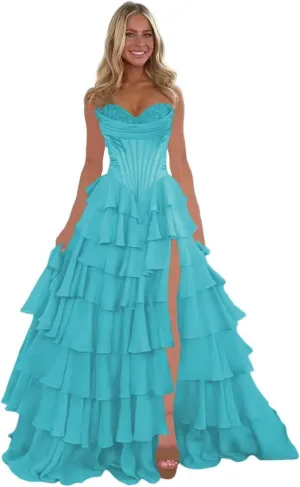 A Line Prom Dress,Chiffon Sweetheart Lace Evening Gown with Side Split Princess Tiered Women's Formal Dress