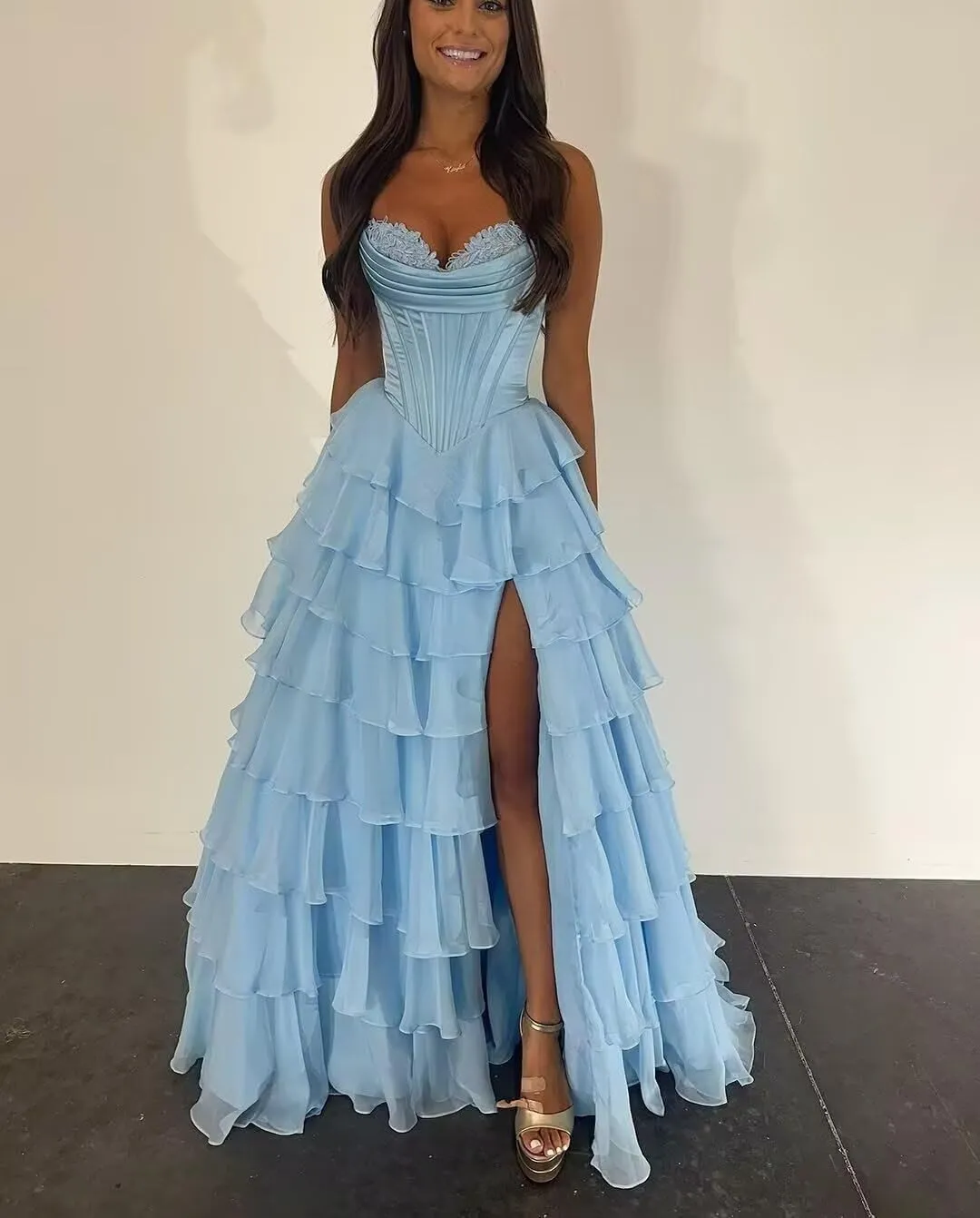 A Line Prom Dress,Chiffon Sweetheart Lace Evening Gown with Side Split Princess Tiered Women's Formal Dress