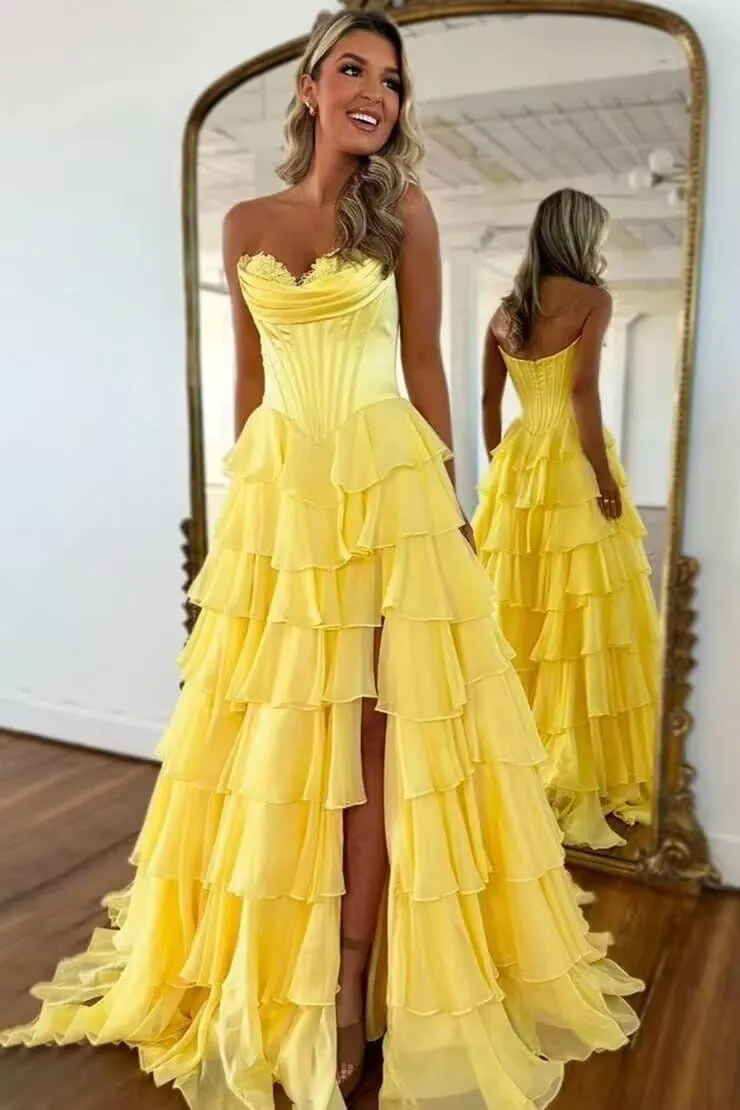 A Line Prom Dress,Chiffon Sweetheart Lace Evening Gown with Side Split Princess Tiered Women's Formal Dress