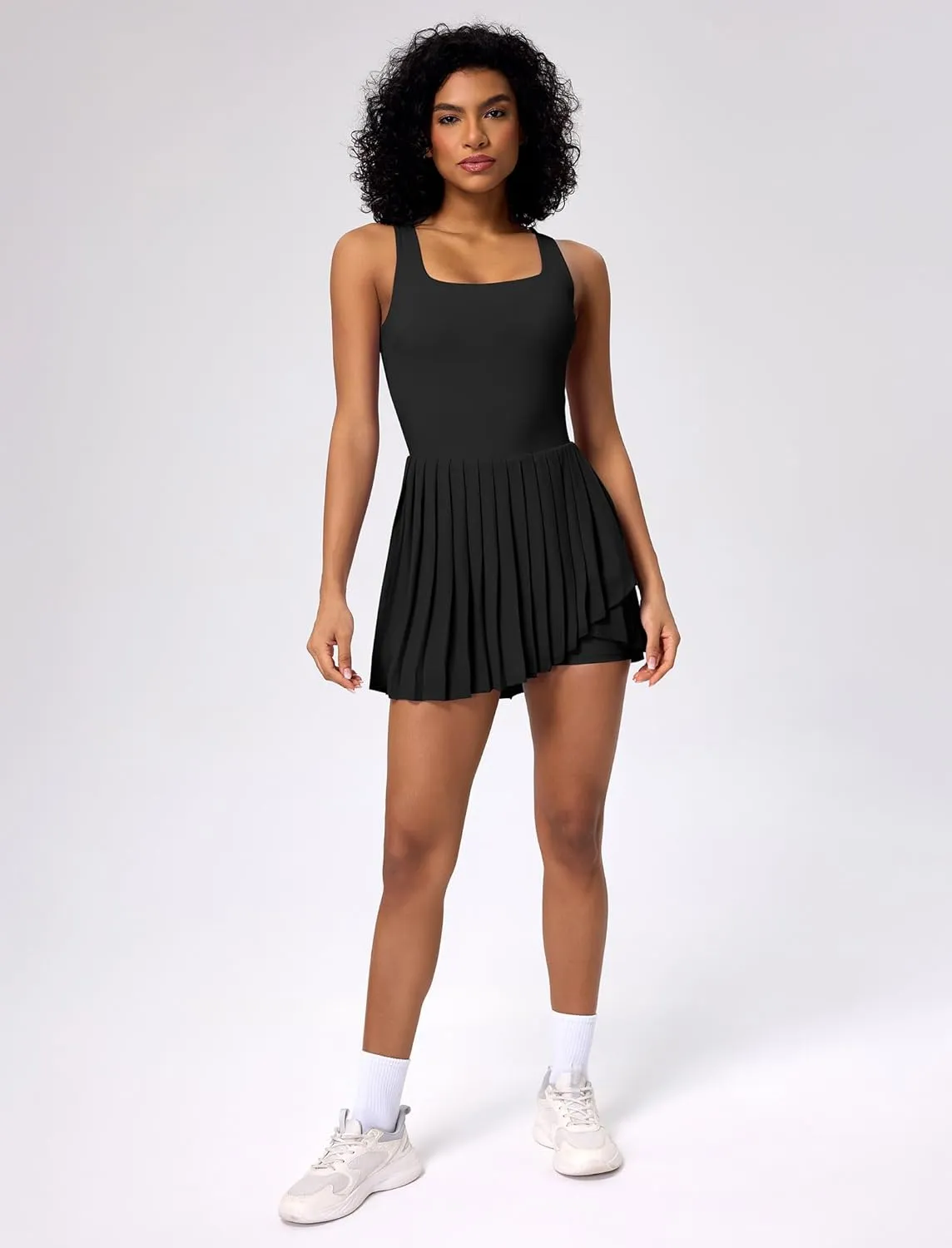 ABOCIW Tennis Dress for Women Square Neck Pleated Athletic Dress with Built-in Shorts & Bra Workout Golf Exercise Dress