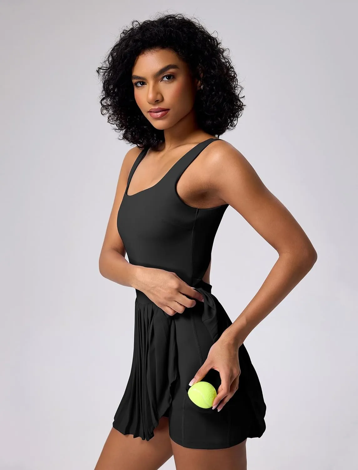 ABOCIW Tennis Dress for Women Square Neck Pleated Athletic Dress with Built-in Shorts & Bra Workout Golf Exercise Dress