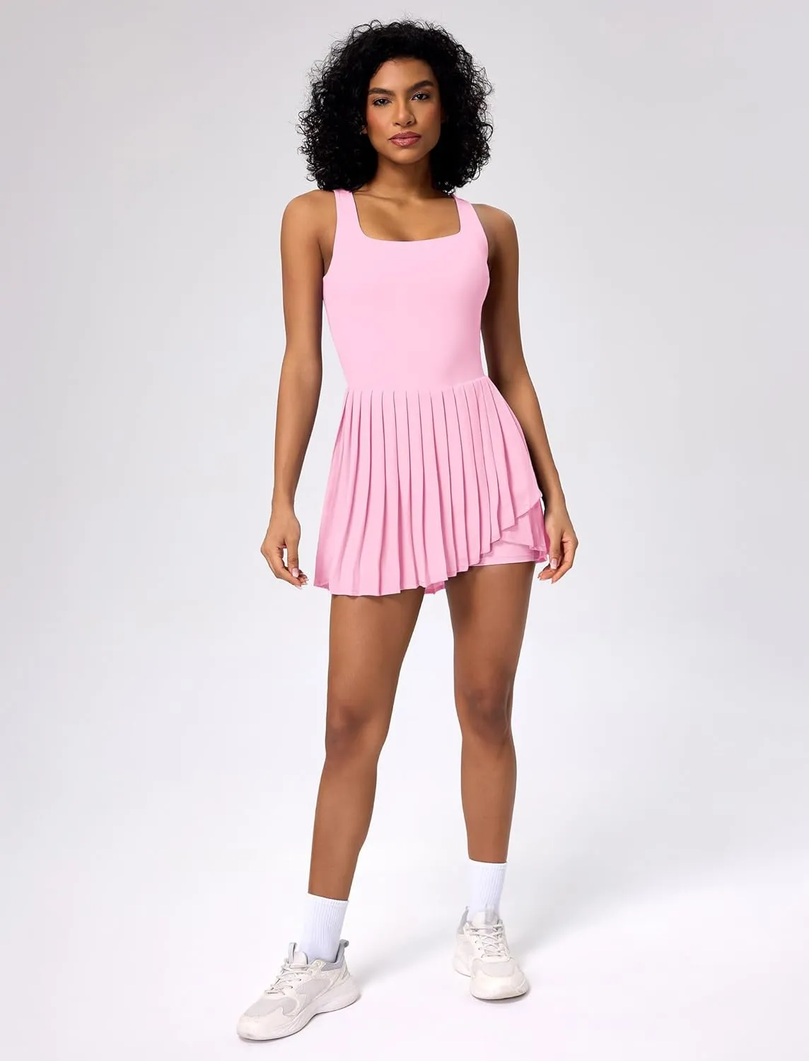 ABOCIW Tennis Dress for Women Square Neck Pleated Athletic Dress with Built-in Shorts & Bra Workout Golf Exercise Dress