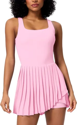 ABOCIW Tennis Dress for Women Square Neck Pleated Athletic Dress with Built-in Shorts & Bra Workout Golf Exercise Dress