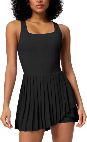 ABOCIW Tennis Dress for Women Square Neck Pleated Athletic Dress with Built-in Shorts & Bra Workout Golf Exercise Dress