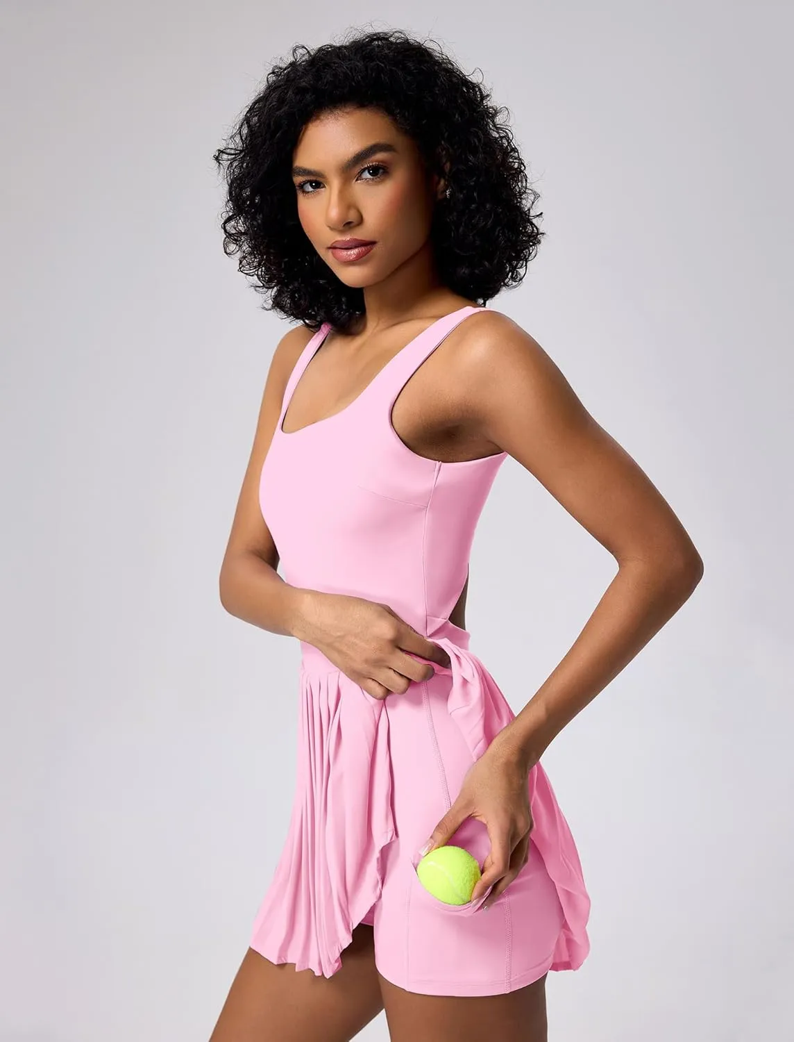 ABOCIW Tennis Dress for Women Square Neck Pleated Athletic Dress with Built-in Shorts & Bra Workout Golf Exercise Dress