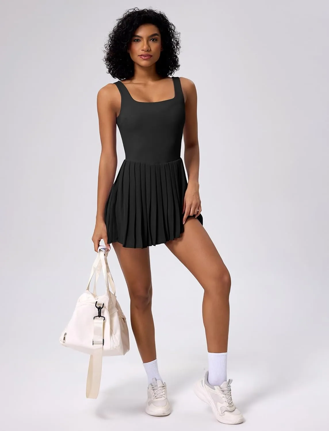 ABOCIW Tennis Dress for Women Square Neck Pleated Athletic Dress with Built-in Shorts & Bra Workout Golf Exercise Dress