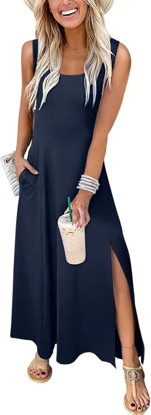 Acelitt Women 2025 Summer Sundress Casual Loose Sleeveless Beach Long Tank Dress Vacation Outfits with Pockets