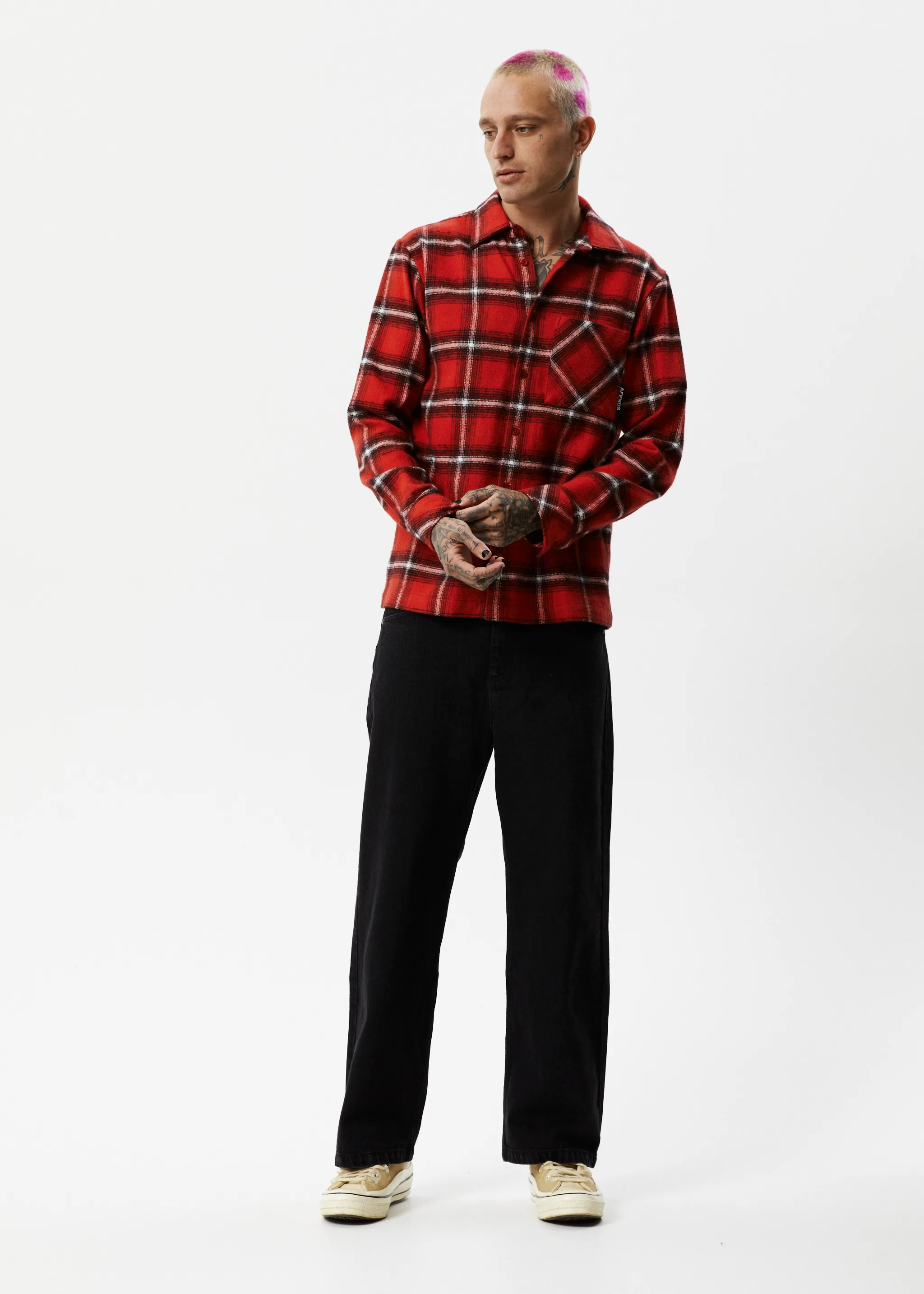 AFENDS Mens Nobody - Flannel Long Sleeve Shirt - Deep Red