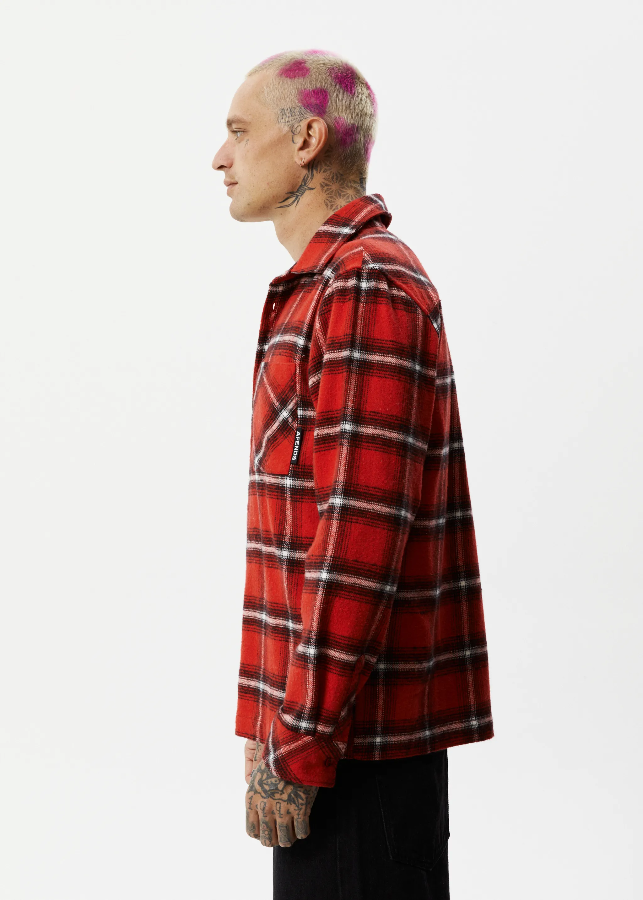 AFENDS Mens Nobody - Flannel Long Sleeve Shirt - Deep Red