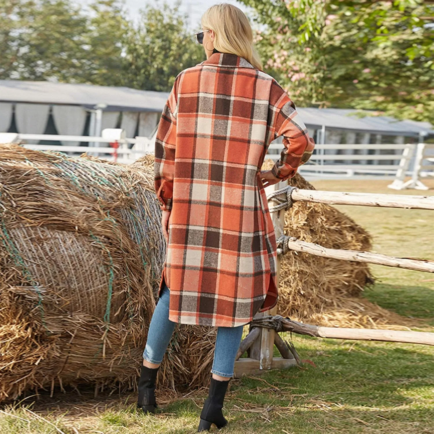 Ainangua Women's Casual Wool Blend Long Plaid Shirt Jacket Button Down Pocketed Shirt Shacket