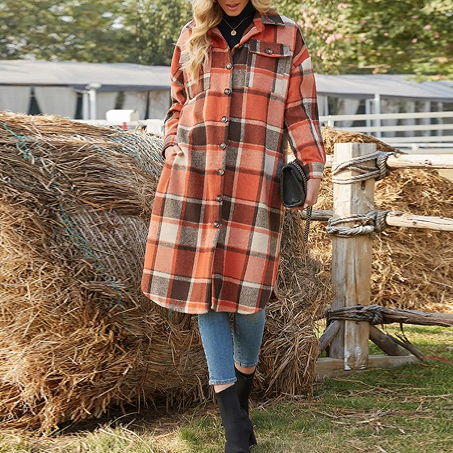 Ainangua Women's Casual Wool Blend Long Plaid Shirt Jacket Button Down Pocketed Shirt Shacket