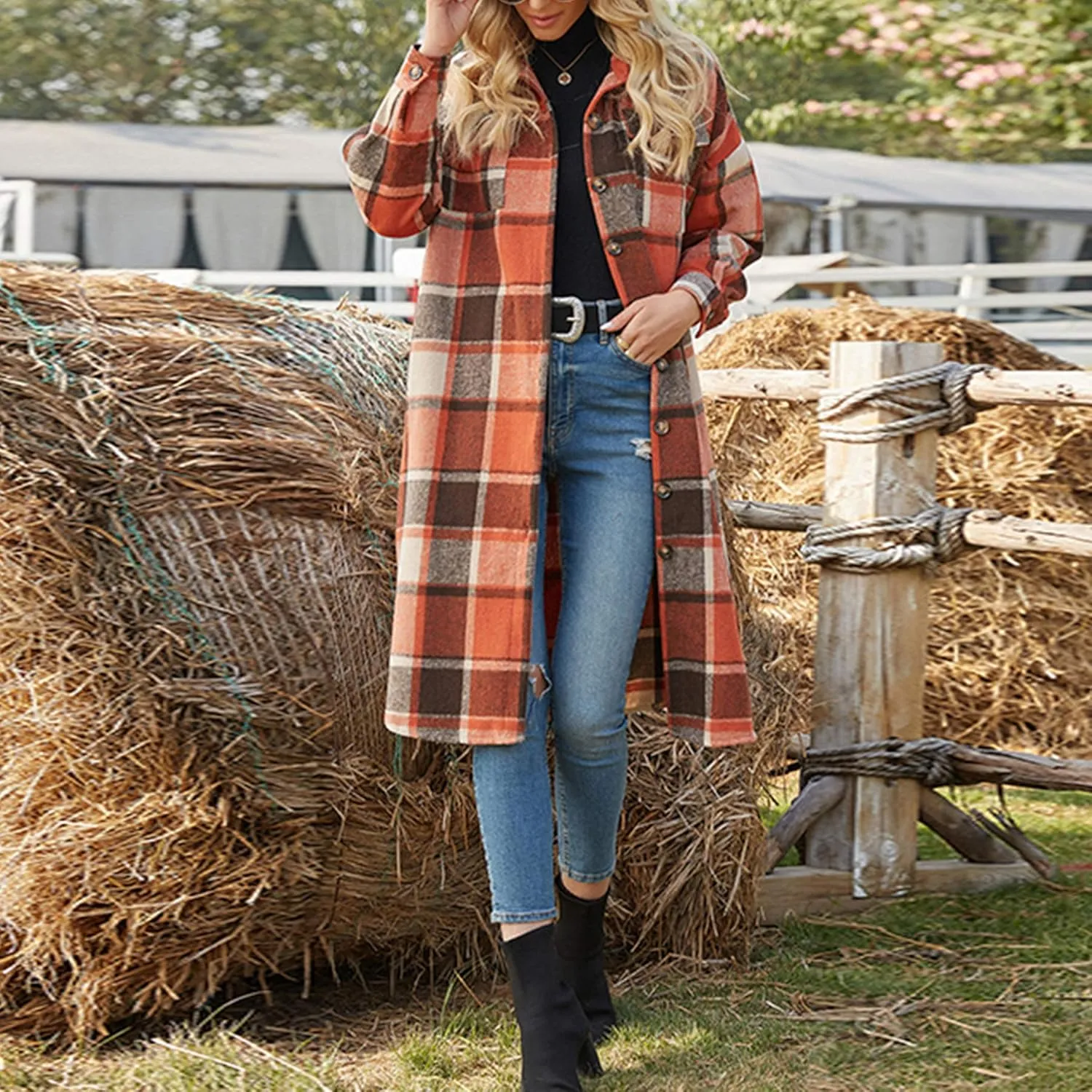 Ainangua Women's Casual Wool Blend Long Plaid Shirt Jacket Button Down Pocketed Shirt Shacket