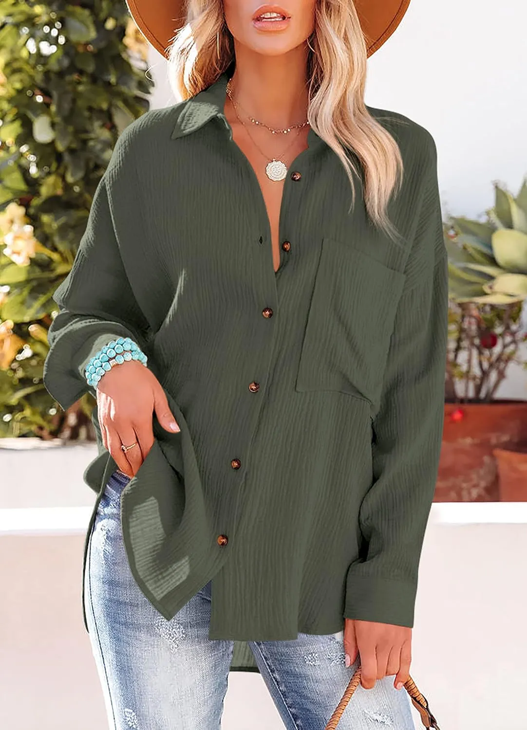 AISEW Womens Button Down Shirts Casual V Neck Long Sleeve Loose Fit Collared Plain Blouses Tops with Pocket