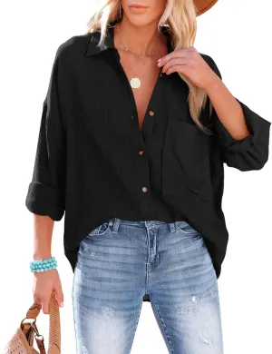 AISEW Womens Button Down Shirts Casual V Neck Long Sleeve Loose Fit Collared Plain Blouses Tops with Pocket