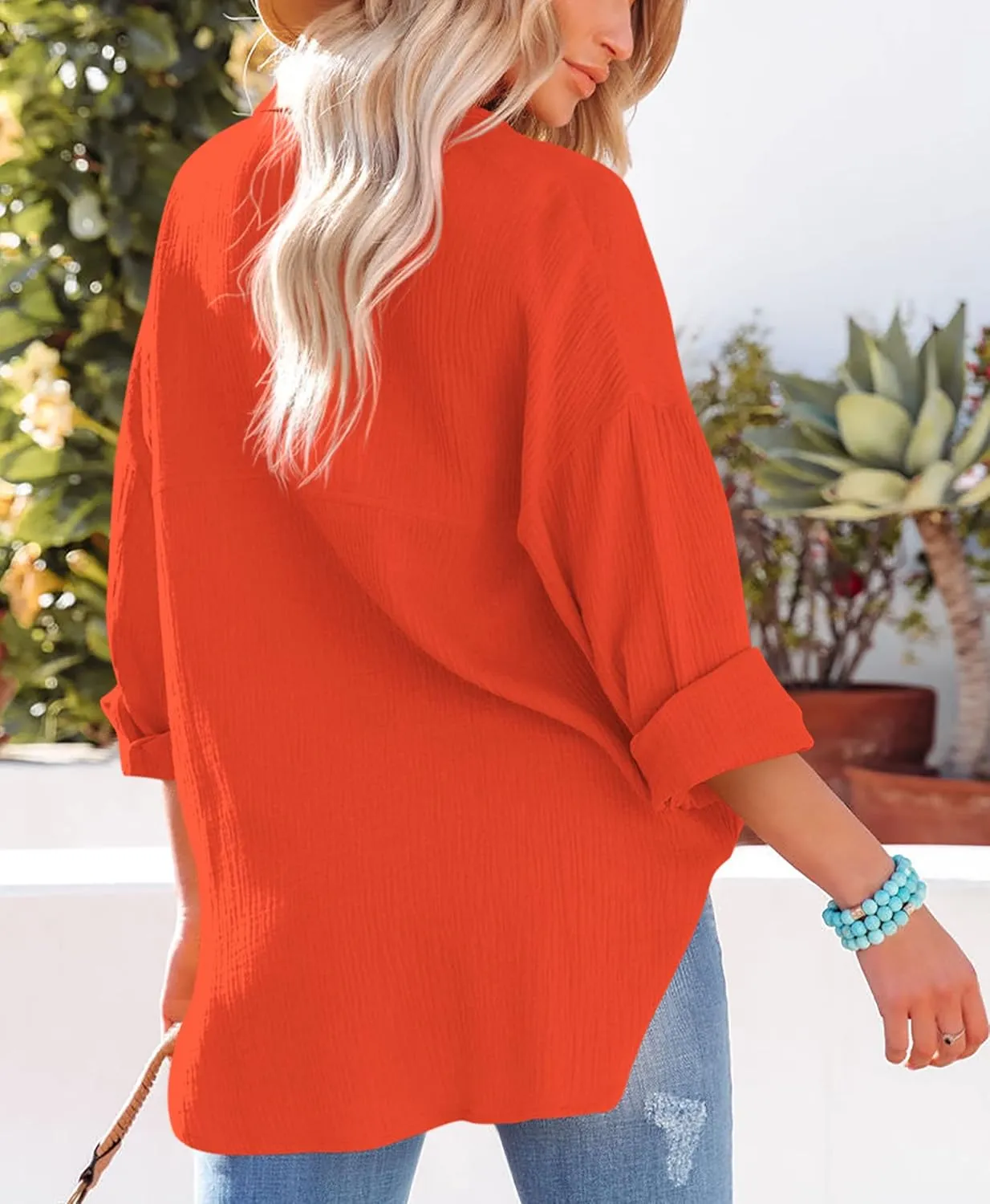AISEW Womens Button Down Shirts Casual V Neck Long Sleeve Loose Fit Collared Plain Blouses Tops with Pocket