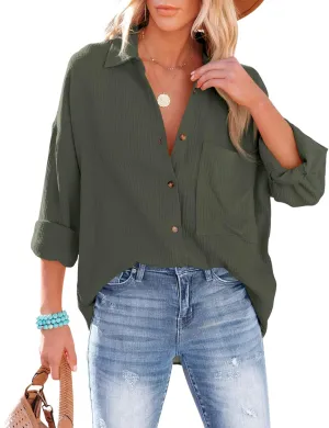 AISEW Womens Button Down Shirts Casual V Neck Long Sleeve Loose Fit Collared Plain Blouses Tops with Pocket