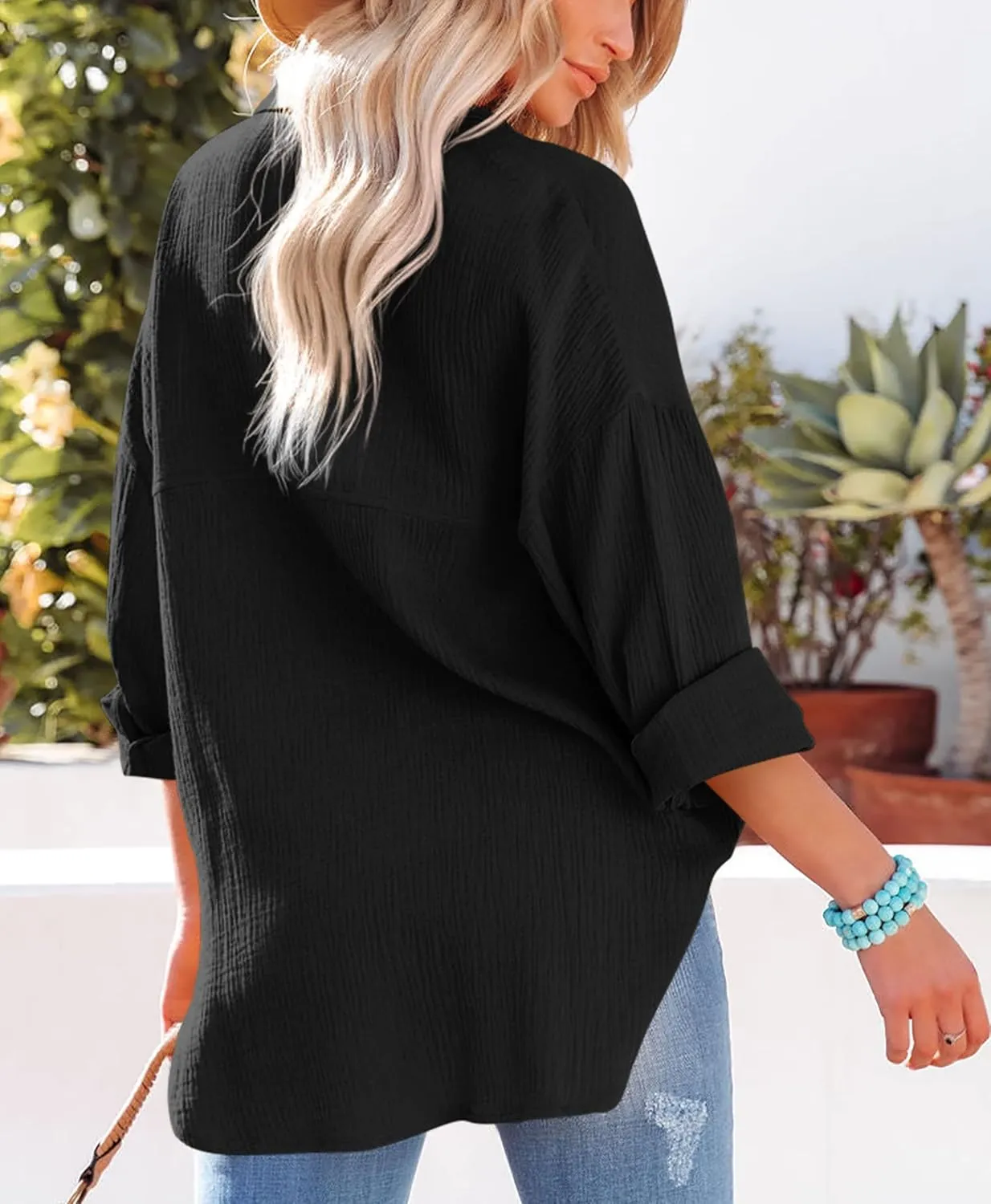 AISEW Womens Button Down Shirts Casual V Neck Long Sleeve Loose Fit Collared Plain Blouses Tops with Pocket