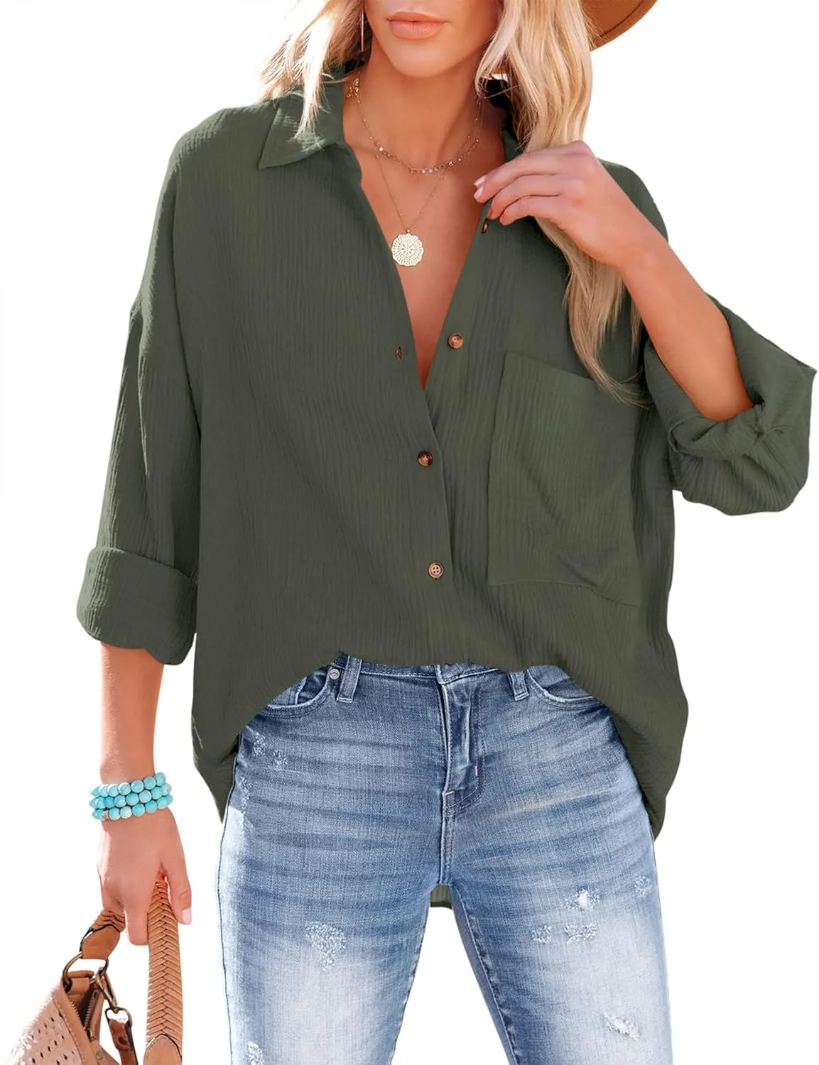 AISEW Womens Button Down Shirts Casual V Neck Long Sleeve Loose Fit Collared Plain Blouses Tops with Pocket