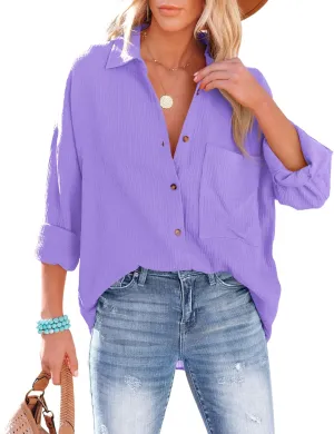 AISEW Womens Button Down Shirts Casual V Neck Long Sleeve Loose Fit Collared Plain Blouses Tops with Pocket
