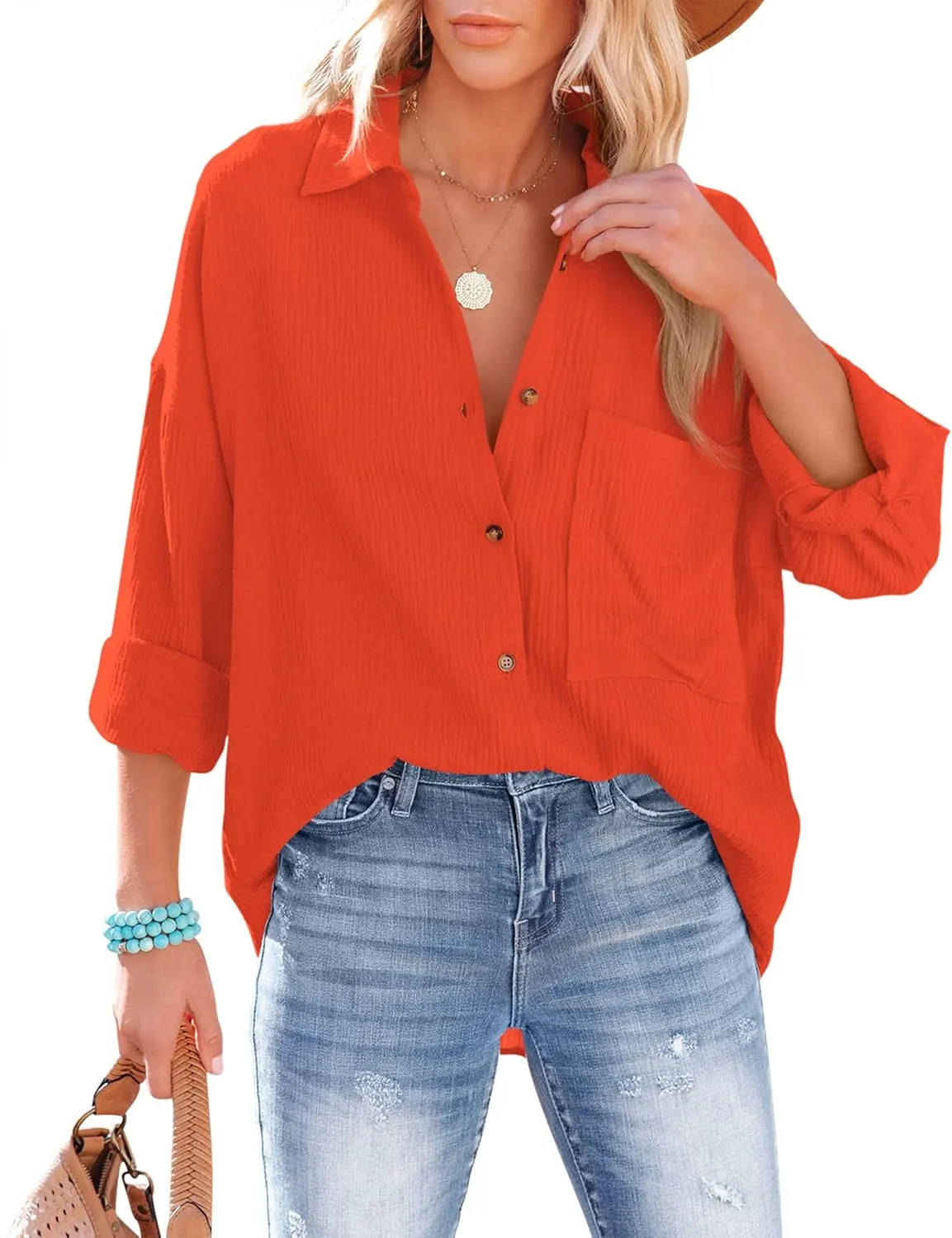AISEW Womens Button Down Shirts Casual V Neck Long Sleeve Loose Fit Collared Plain Blouses Tops with Pocket