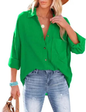 AISEW Womens Button Down Shirts Casual V Neck Long Sleeve Loose Fit Collared Plain Blouses Tops with Pocket